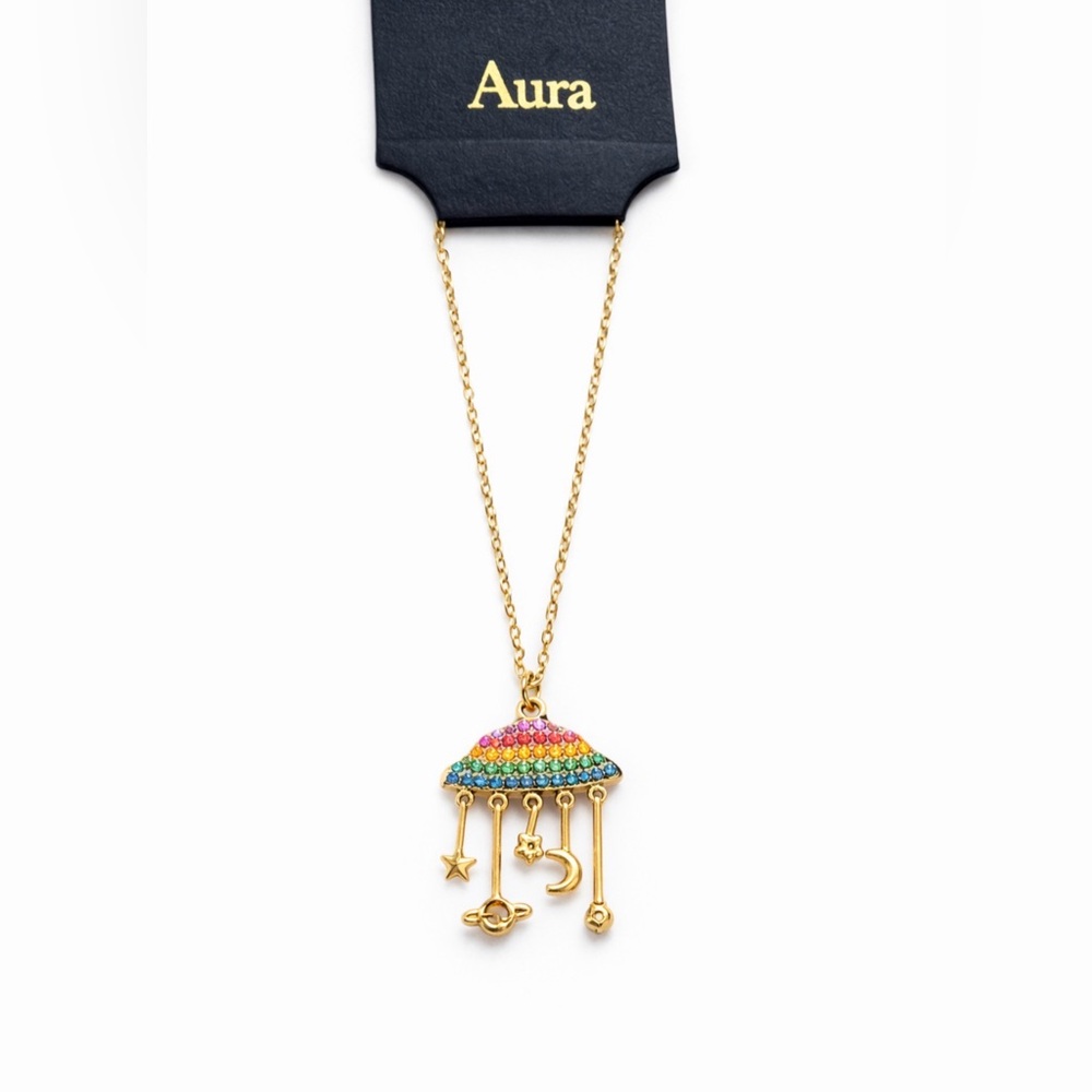 Rainbow UFO Necklace Celestial Stars Moon Planet Pendant Gold Aura NWT